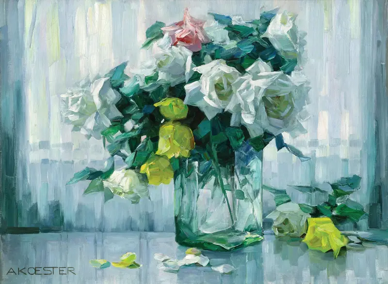 Still Life with White and Yellow Roses in a Glass Vase av Alexander Koester