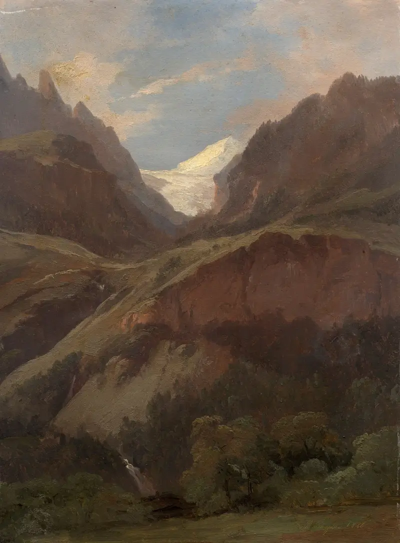 View of the Wetterhorn and the Reichenbach from Meiringen av Alexandre Calame