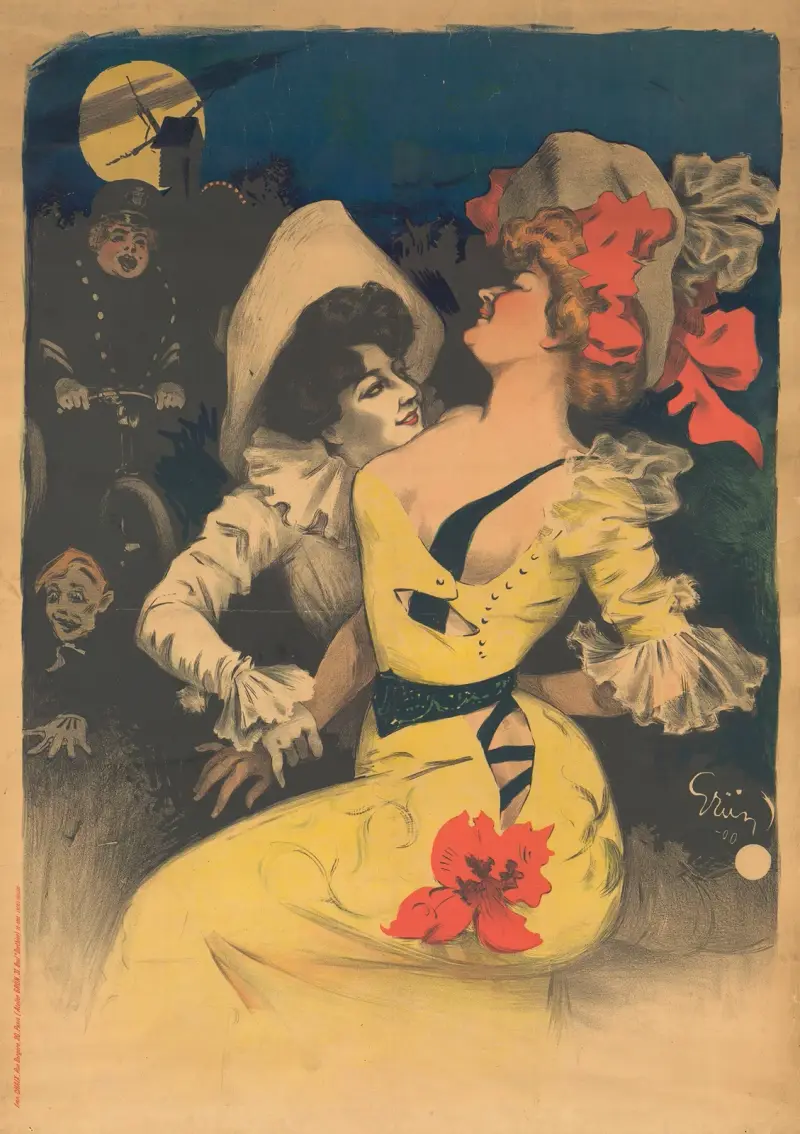 Un pierrot et une jeune femme en robe jaune, en haut à gauche, un moulin et un agent de police à byciclette av Jules-Alexandre Grün