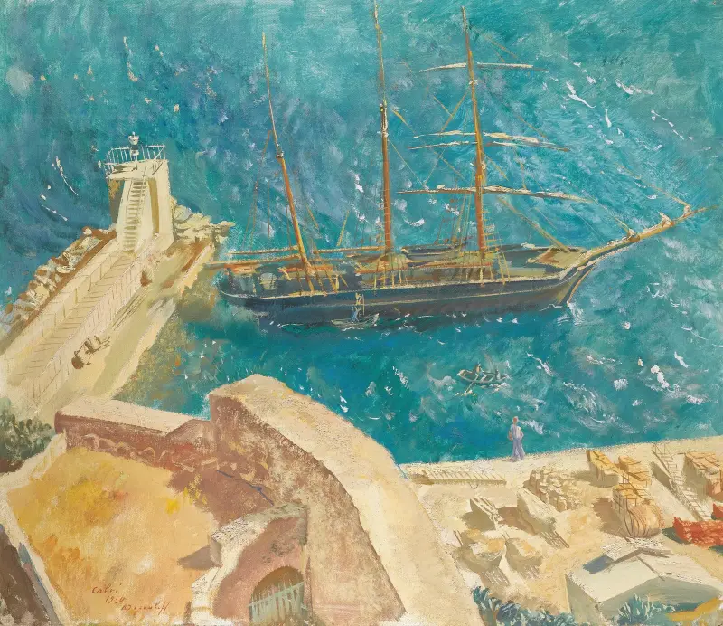 Vy över hamnen i Calvi av Alexandre Jacovleff