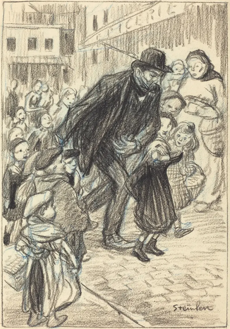 En man på en stadsgata, omgiven av barn (Un Père) av Théophile Alexandre Steinlen