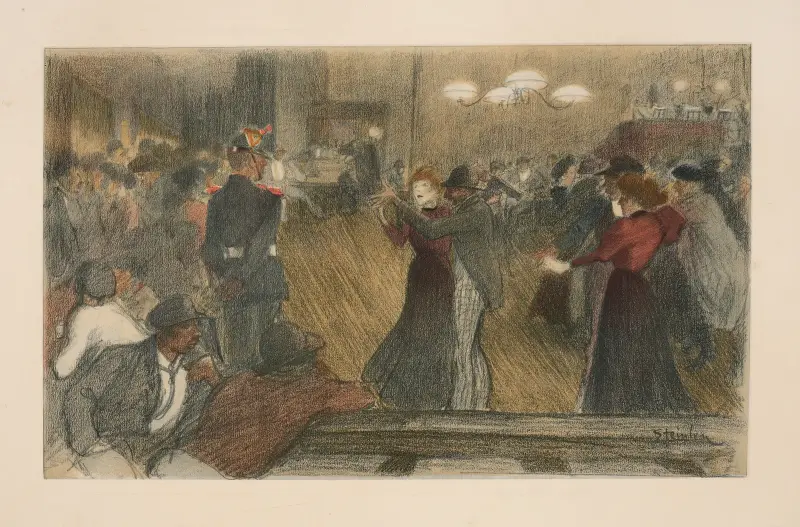 Par på dansgolv, män och soldater ser på från sidan av Théophile Alexandre Steinlen