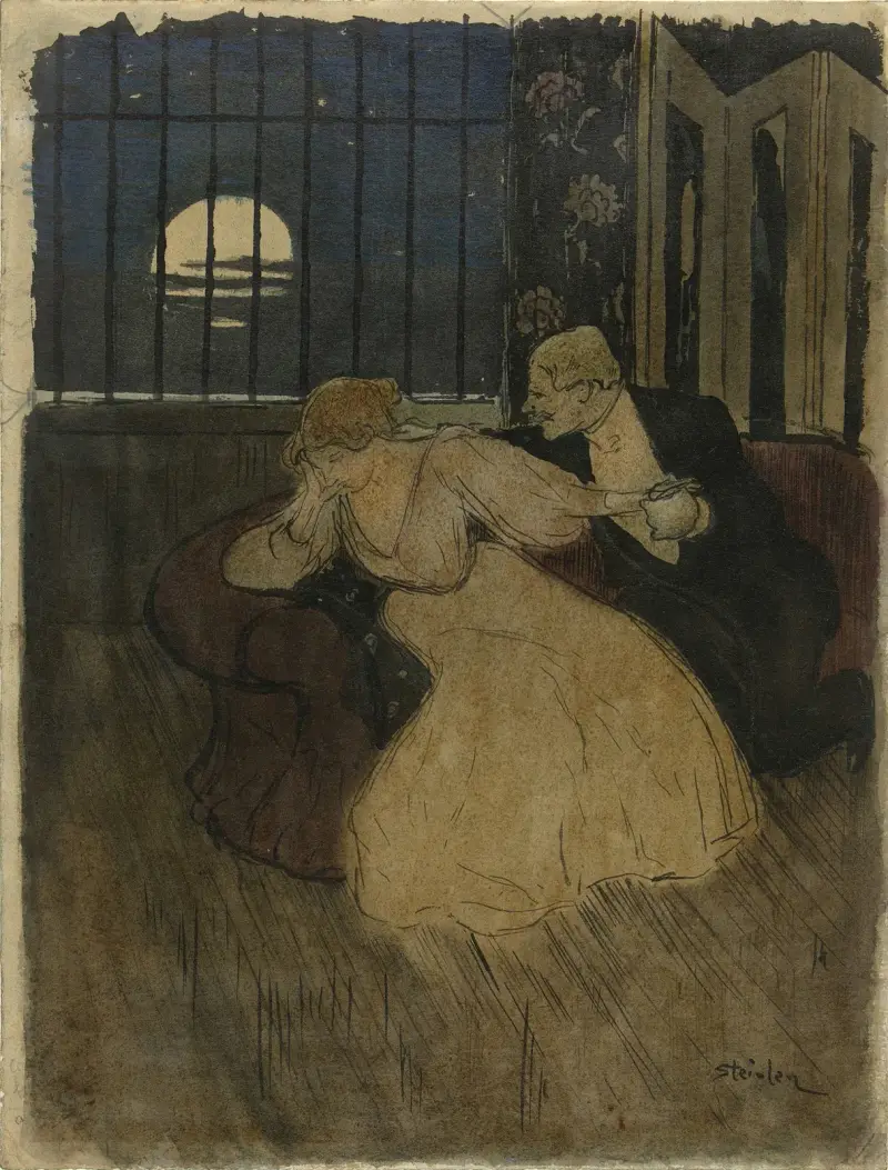 Herre i frack försöker övertala en tveksam dam i soffan av Théophile Alexandre Steinlen