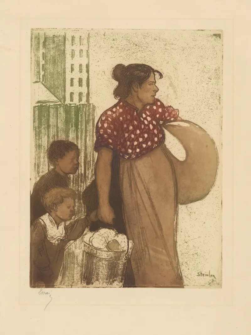 Hushållerska och barn på väg hem från tvättstugan av Théophile Alexandre Steinlen