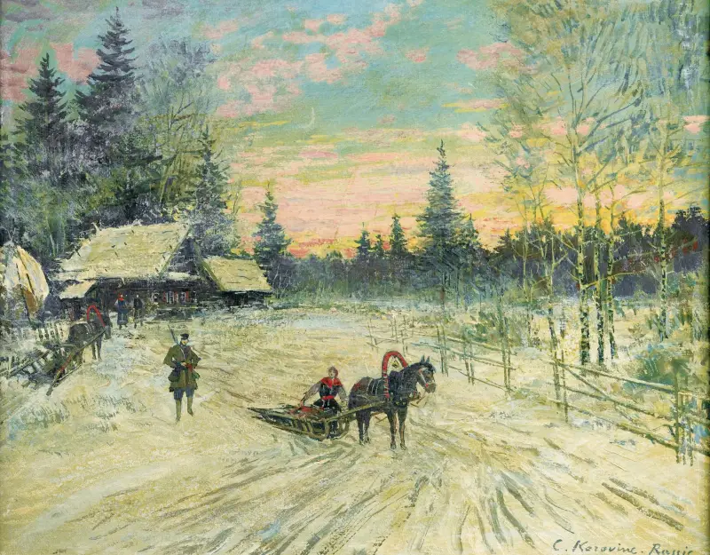 Junge Frau auf einem Schlitten, der sich von einem Jäger entfernt von Konstantin Alexeevich Korovin