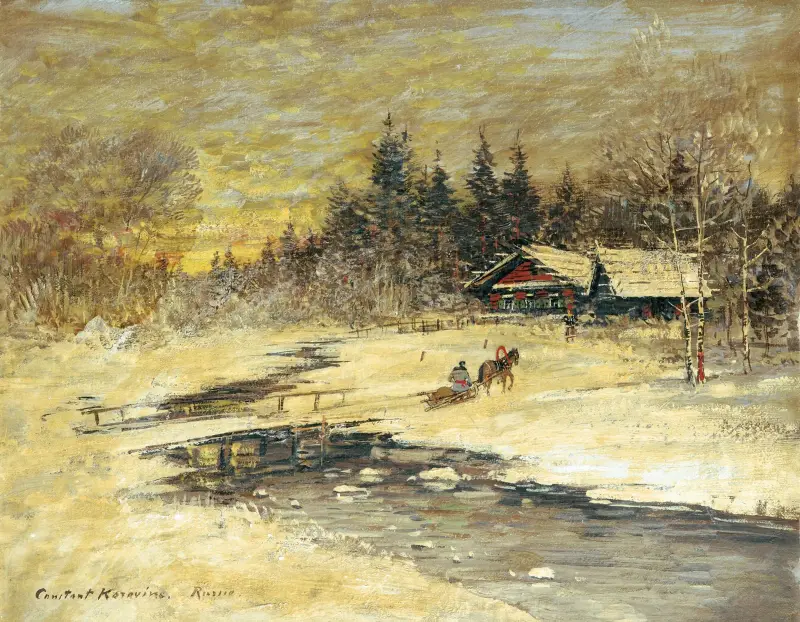 Släde på bro i solnedgång av Konstantin Alexeevich Korovin