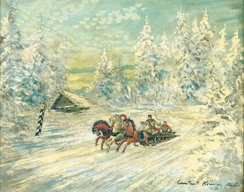 Trojkasläde i snö av Konstantin Alexeevich Korovin