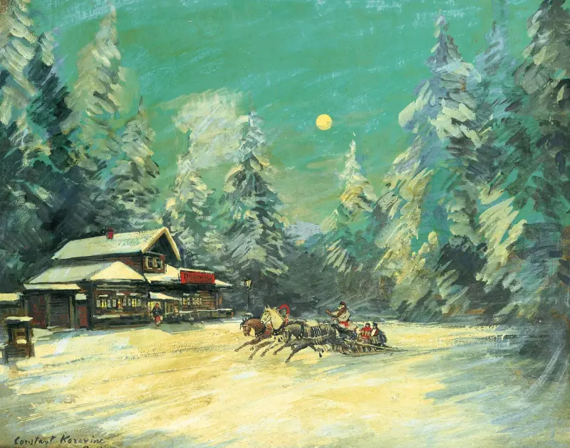 Trojkakörning förbi en vägkrog om natten av Konstantin Alexeevich Korovin