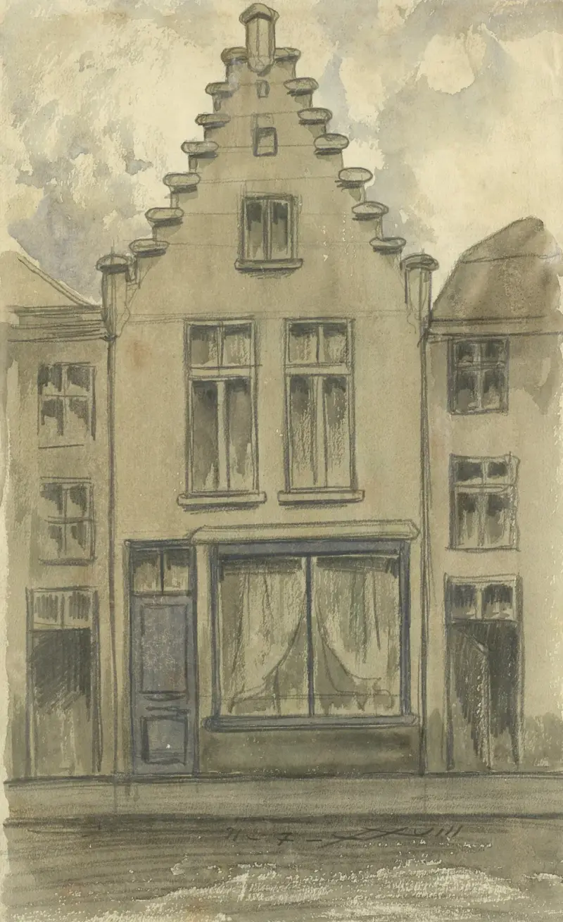 Zeichnung der Sint Antoniusstraat und Kastanien mit Kastanienblättern von Alfred Ost