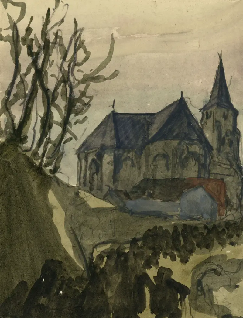 Bedevaarders op weg naar de Sint Salavtorkerk van Hakendover av Alfred Ost