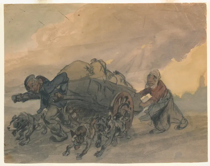 Boer en boerin een stootkar voortrekkende met drie honden av Alfred Ost
