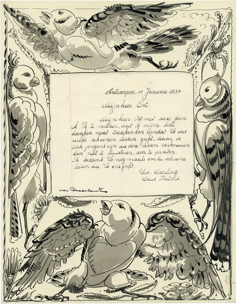 Brevillustration med sparvar av Alfred Ost