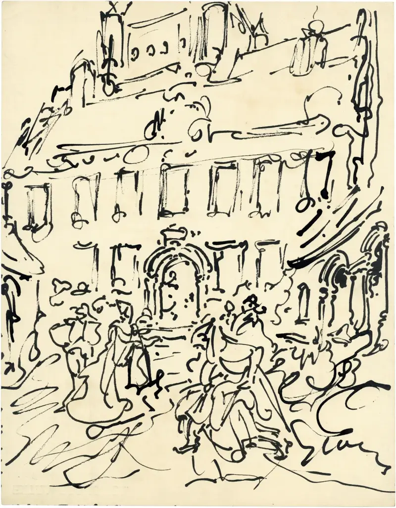 Gebouw met figuren vooraan av Alfred Ost