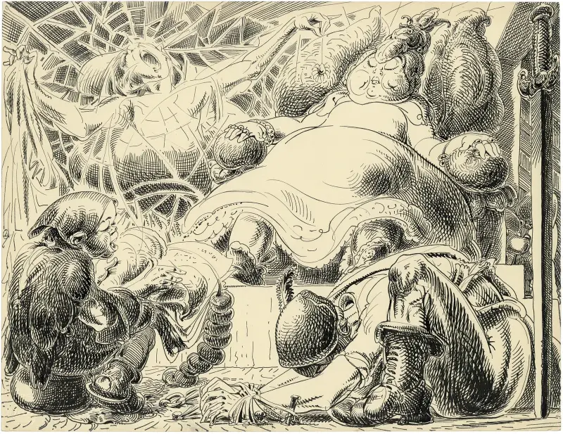 Illustratie ‘Lotje’ – Bellefleur, prinses van Muizenland met Grispik de hofdame (‘n spinnekobbe) en Lotje av Alfred Ost