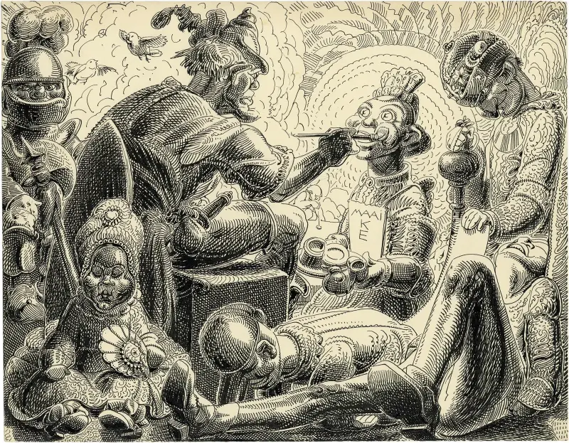 Illustration 'Lotje' – Pirrewie, dockteaterns boss med sina dockor av Alfred Ost