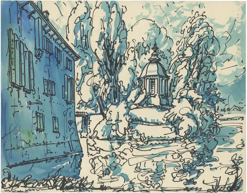 Italiaans huis en kerk en bomen av Alfred Ost