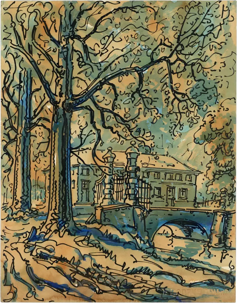 Herrgård med kanal och träd av Alfred Ost