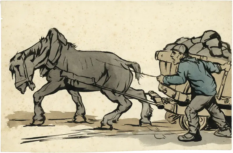 Arbetshäst med vagn och arbetare av Alfred Ost