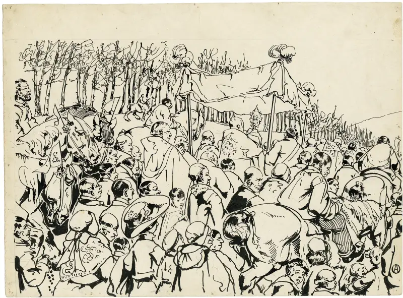 Design av vykortet 'Procession genom säden (Beêvaert van Hakendover)' av Alfred Ost