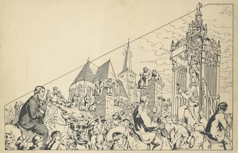 Design av vimpeln för det mirakulösa Kristusbilden (Hakendovers pilgrimsfärd) av Alfred Ost
