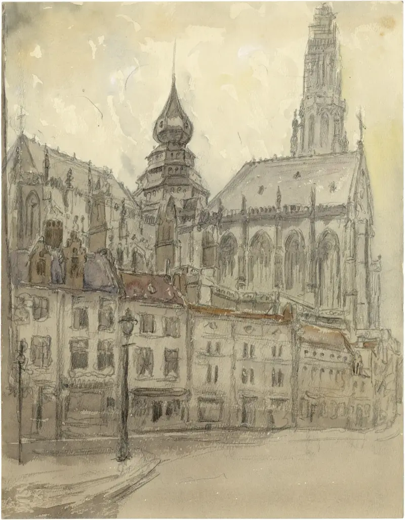 Onze-Lieve-Vrouwe Kathedraal te Antwerpen vanop de Lijnwaadmarkt av Alfred Ost