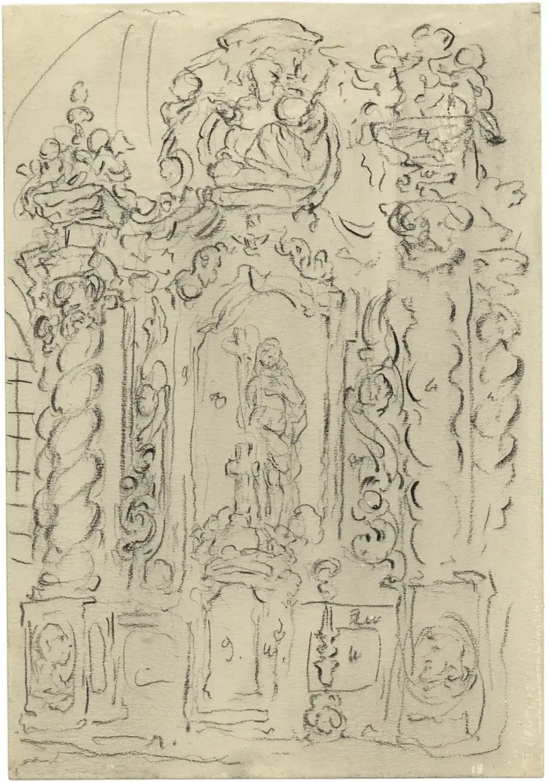Ornamentutsmyckning och Mariastaty i kyrka av Alfred Ost