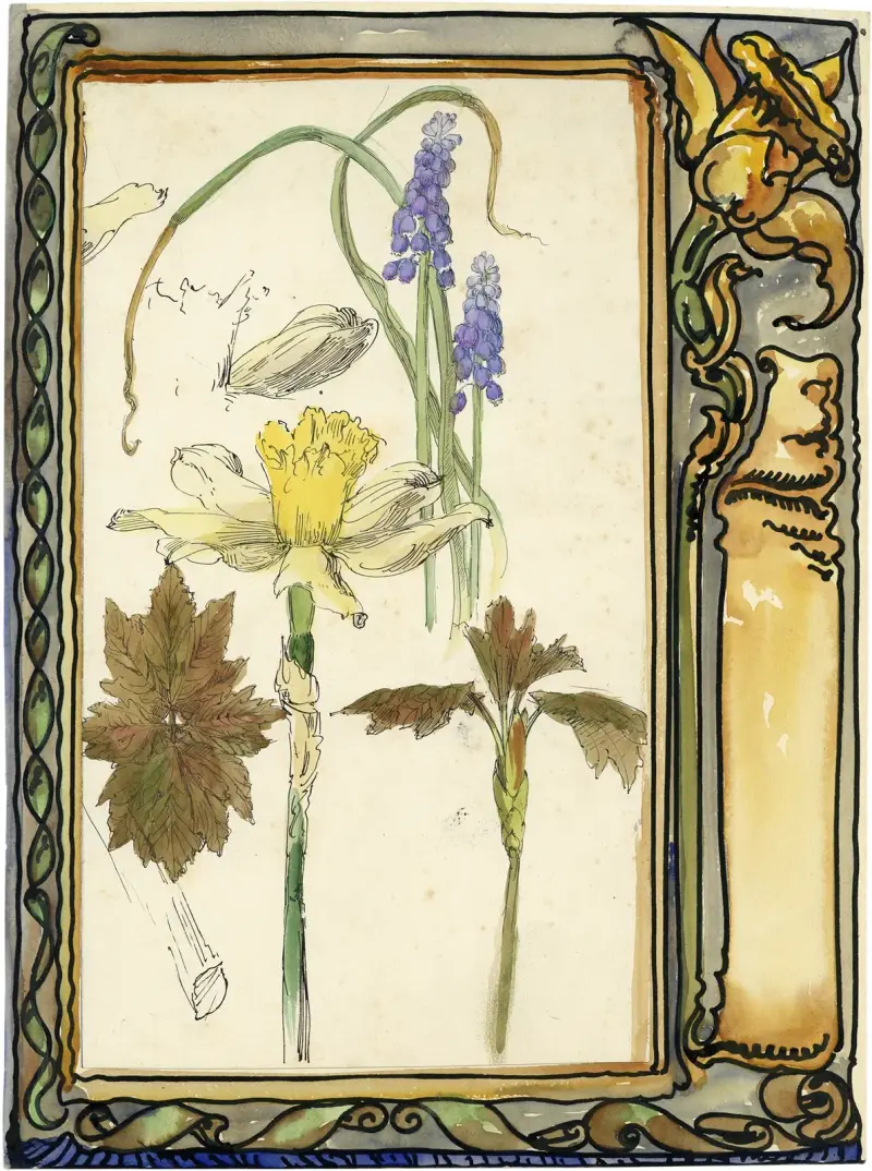 Paasbloemen en blauwe klokjes en bruine bloem av Alfred Ost