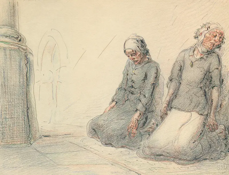 Två knäböjande kvinnor i en kyrka av Alfred Ost