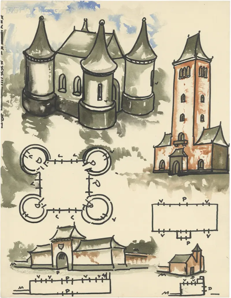 Vogelperspectief en plattegrond van herenhoeve en kasteel en belfort. av Alfred Ost