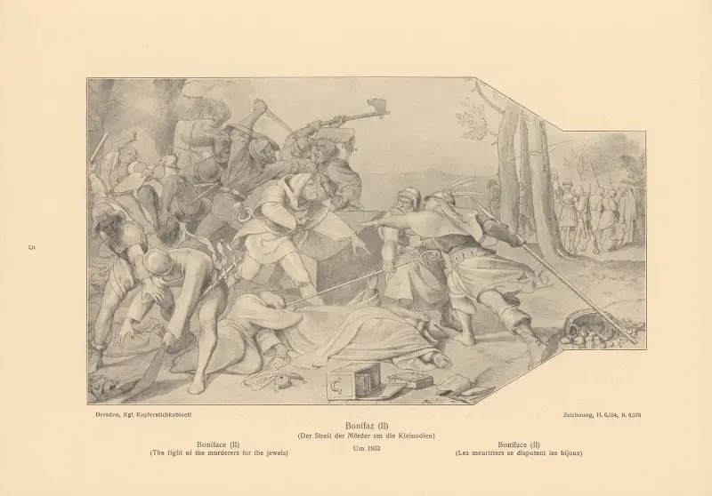 Boniface (II) (The fight of the murderers for the jewels) av Alfred Rethel