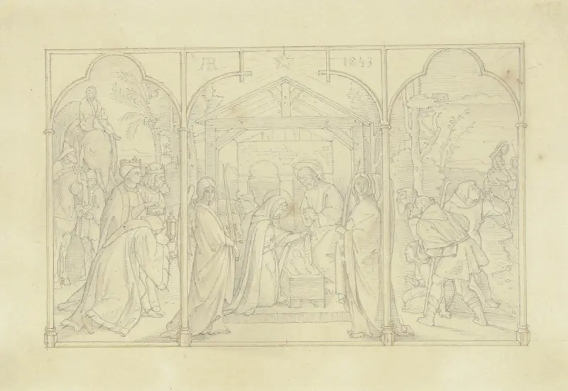Die Geburt Christi mit einer Anbetung der Hirten sowie der Heiligen drei Könige av Alfred Rethel