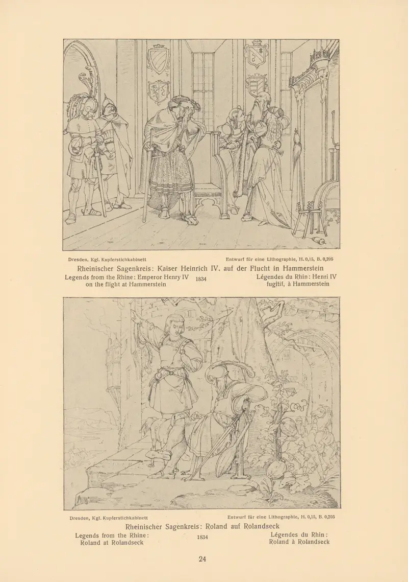 Legends from the Rhine; Emperor Henry IV on the flight at Hammerstein, Roland at Rolandseck av Alfred Rethel
