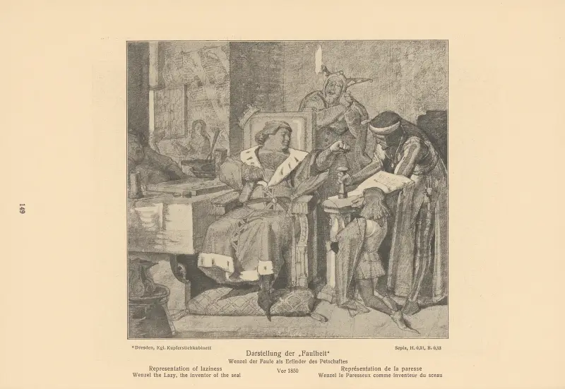 Darstellung der Faulheit. Wenzel der Faule, der Erfinder des Siegels von Alfred Rethel