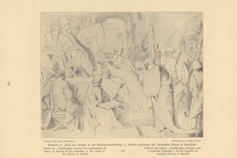 Skica k „Karlu Velikému přijímajícímu vyslance Hárúna ar-Rašída“, Alfred Rethel