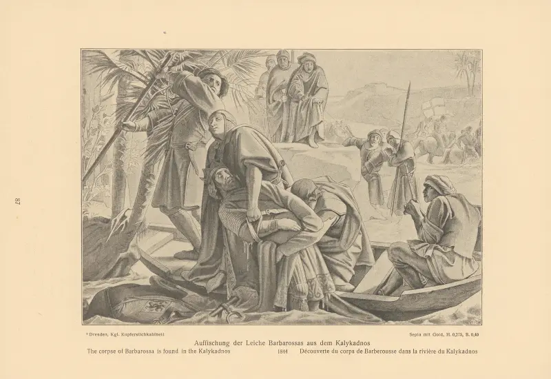 The corpse of Barbarossa is found in the Kalykadnos av Alfred Rethel