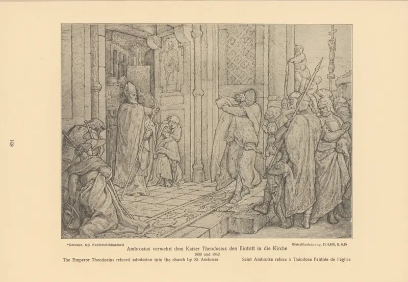 Kaiser Theodosius wird von Bischof Ambrosius der Zutritt zur Kirche verweigert von Alfred Rethel