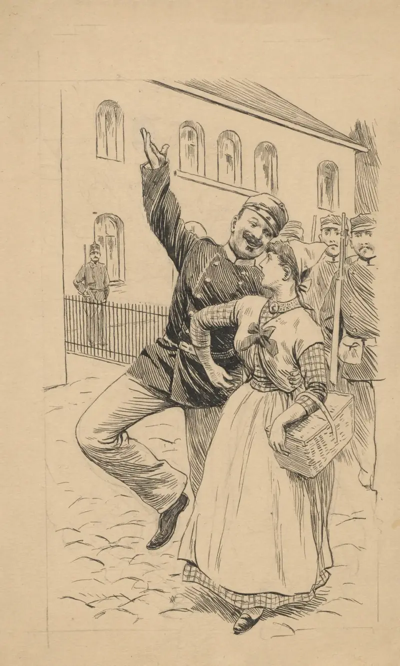 A cheerful soldier takes a young maid, who is at work, by the arm. She does not share his enthusiasm. av Alfred Schmidt