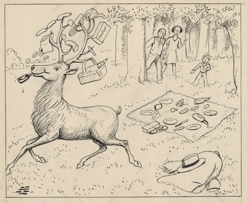 A deer has chased away a family who were on a picnic in the wildlife park av Alfred Schmidt