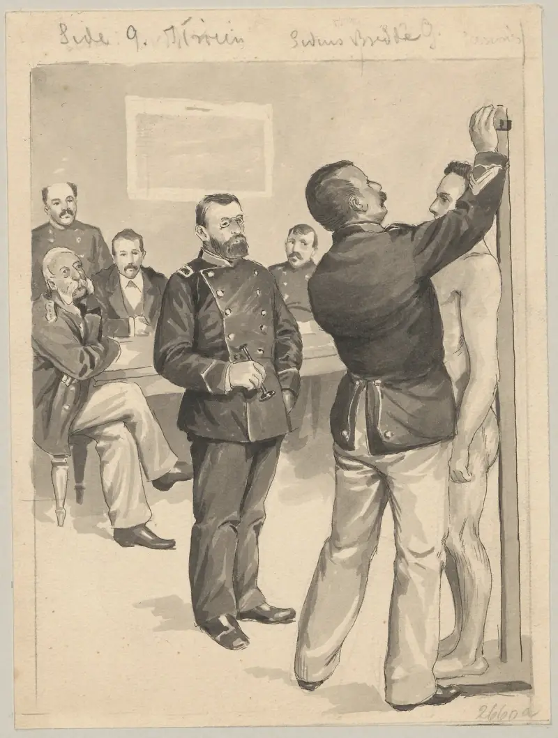 A man is being examined. He is naked and is being measured and weighed while a panel of military personnel watches. av Alfred Schmidt