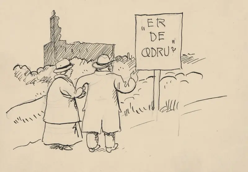 Ett gift par ute på promenad stannar och tittar på skylten av Alfred Schmidt