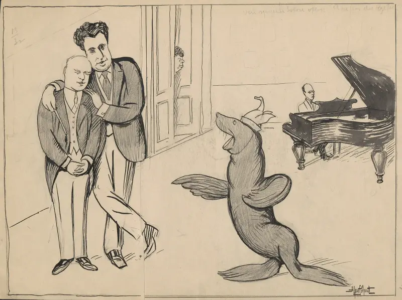 A sea lion is auditioning at the Royal Theater, accompanied by a grand piano av Alfred Schmidt