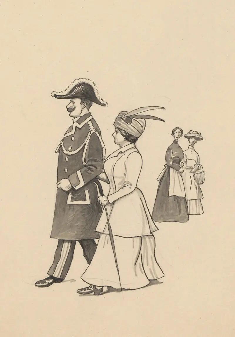 A uniformed man and an elegant lady stroll arm in arm av Alfred Schmidt