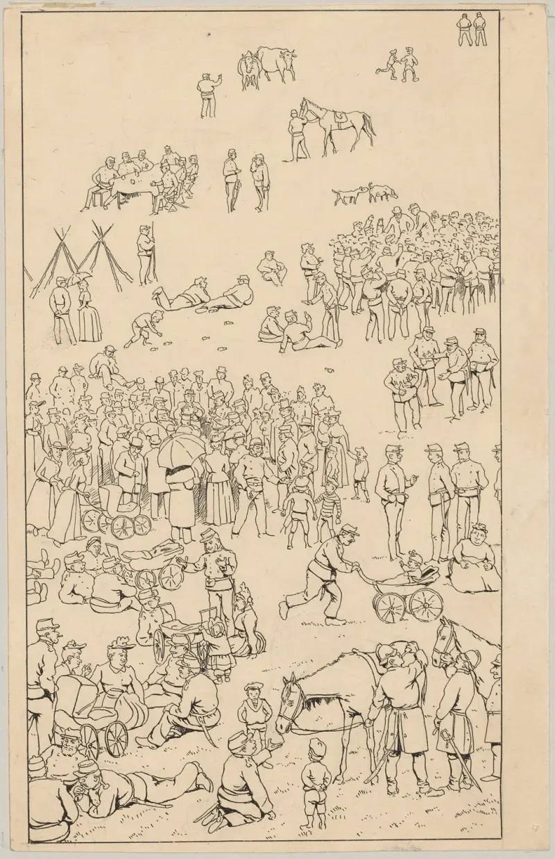 Versammlung von Soldaten, Tieren, Frauen und Kindern von Alfred Schmidt