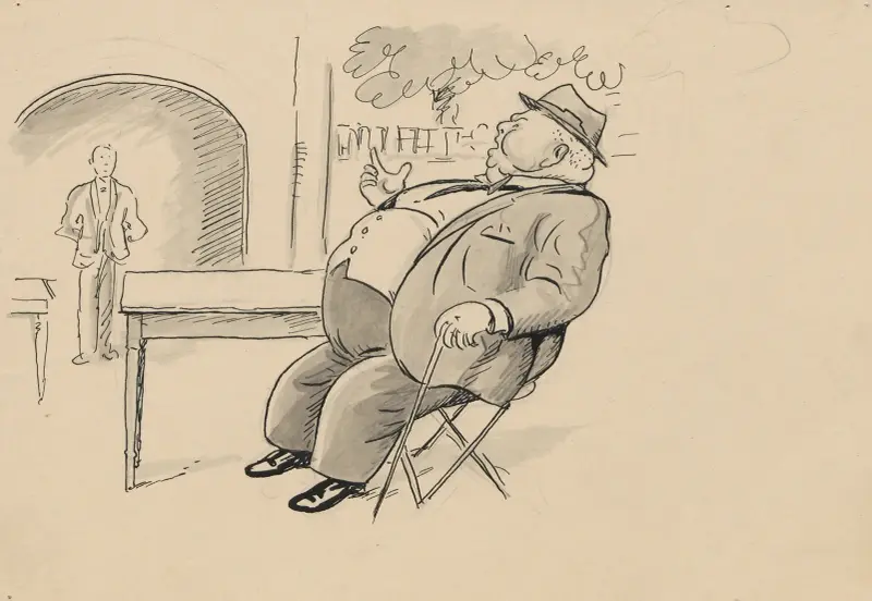 Carl Gandrup is sitting at a table in Grøften in Tivoli and is about to place his order with the waiter. av Alfred Schmidt
