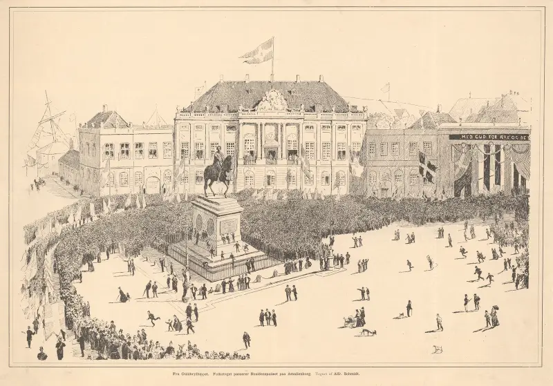 From the Golden Wedding Celebration. The procession passes the Royal Palace at Amalienborg. av Alfred Schmidt
