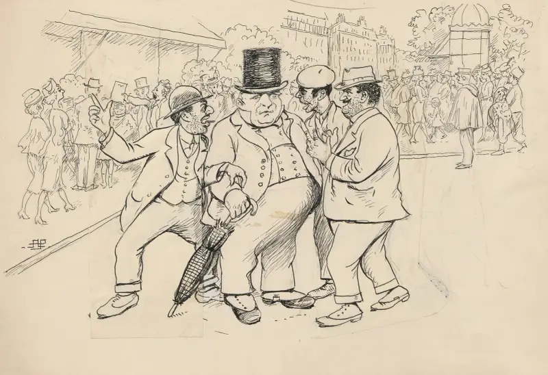 Hedebol, dressed in elegant clothes, a top hat, and carrying an umbrella, is accosted by Frenchmen av Alfred Schmidt
