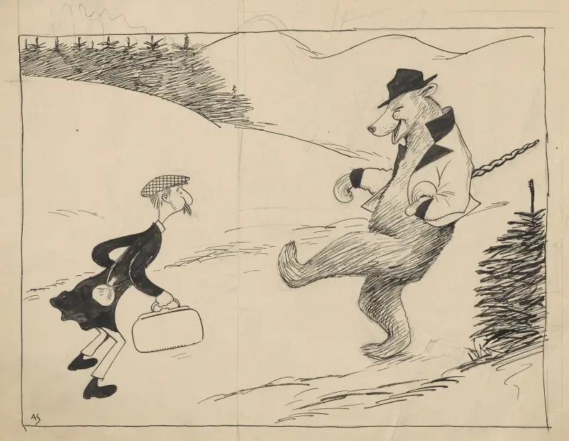 Hindhede på promenad i Norge möter en björn i jacka och hatt av Alfred Schmidt