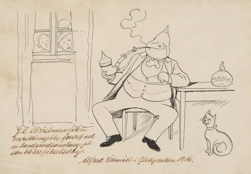 J. C. Christensen smokes his pipe while the population peeks in through the windows av Alfred Schmidt