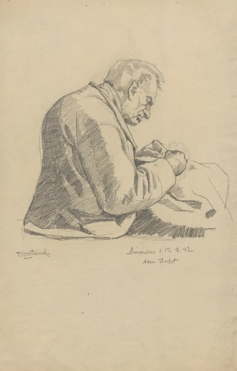 Sittande man med handarbete av Alfred Schmidt