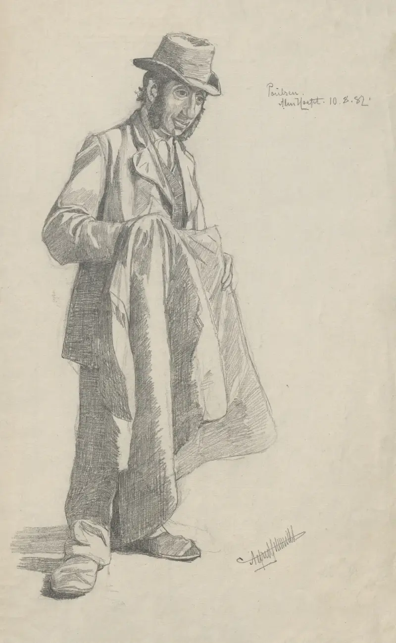 Man wearing a hat holds a jacket in his hands. av Alfred Schmidt